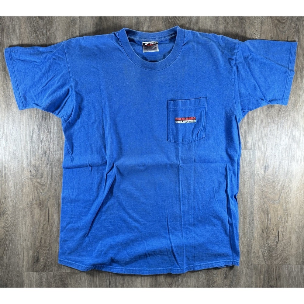 Vintage 90s Marlboro Unlimited Blue Pocket T-Shirt Howling Wolf Moon Graphic USA
